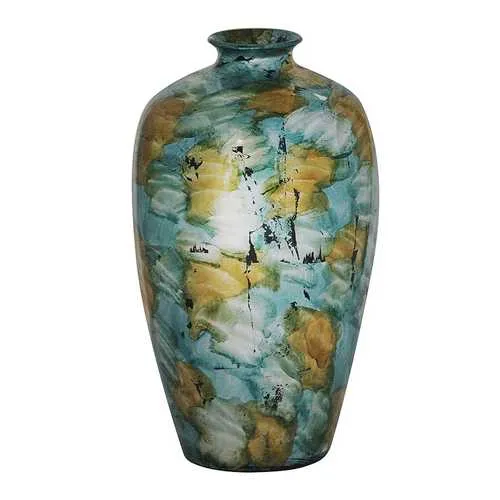 10.5" X 10.5" X 19" Mint And Gold with Black Show Through Ceramic Foiled and Lacquered Ceramic Vase