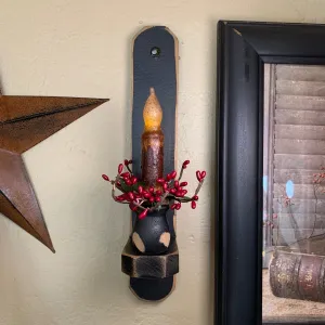 12" Black Wood Sconce - 4" Mustard Grungy Timer Taper Candle