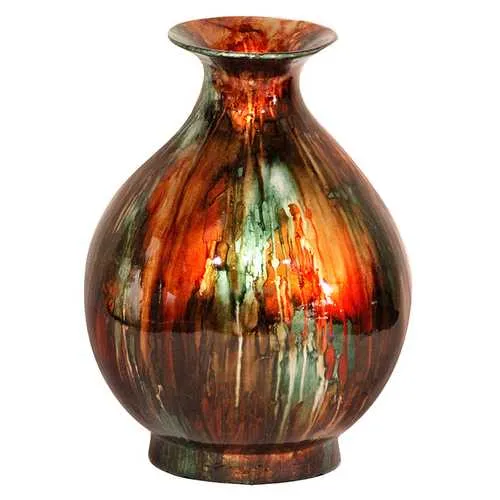 14.5" X 14.5" X 19" Turquoise Copper And Bronze Ceramic Foiled and Lacquered Ceramic Vase