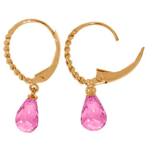 14K Solid Rose Gold Leverback Earrings w/ Briolette Pink Topaz