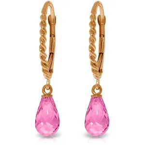 14K Solid Rose Gold Leverback Earrings w/ Briolette Pink Topaz