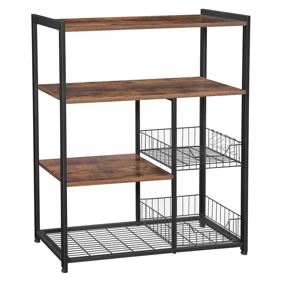 2 Mesh Basket And 6 Hooks Wood And Metal Frame Bakers Rack, Brown And Black By Benzara