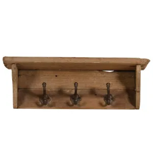 21 Inch Wall Shelf with 3 Black Metal Hooks, Classic Style Brown Wood Frame By Casagear Home