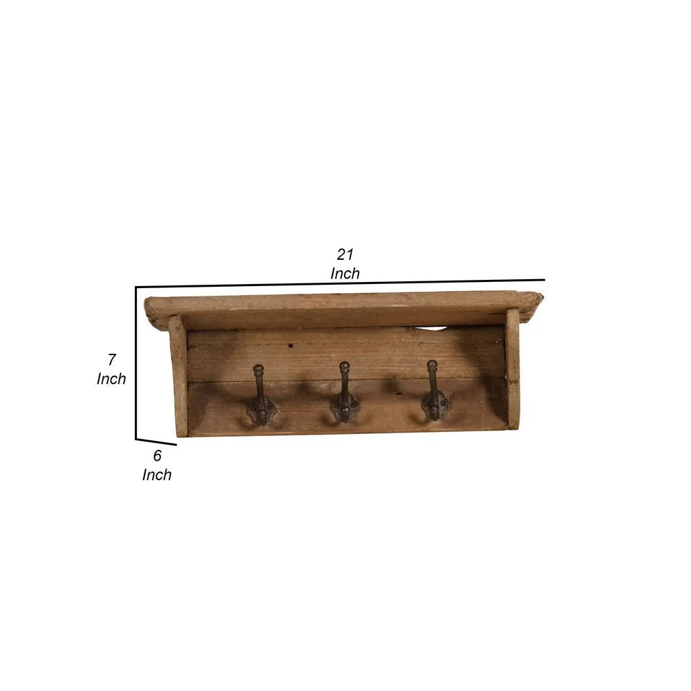 21 Inch Wall Shelf with 3 Black Metal Hooks, Classic Style Brown Wood Frame By Casagear Home