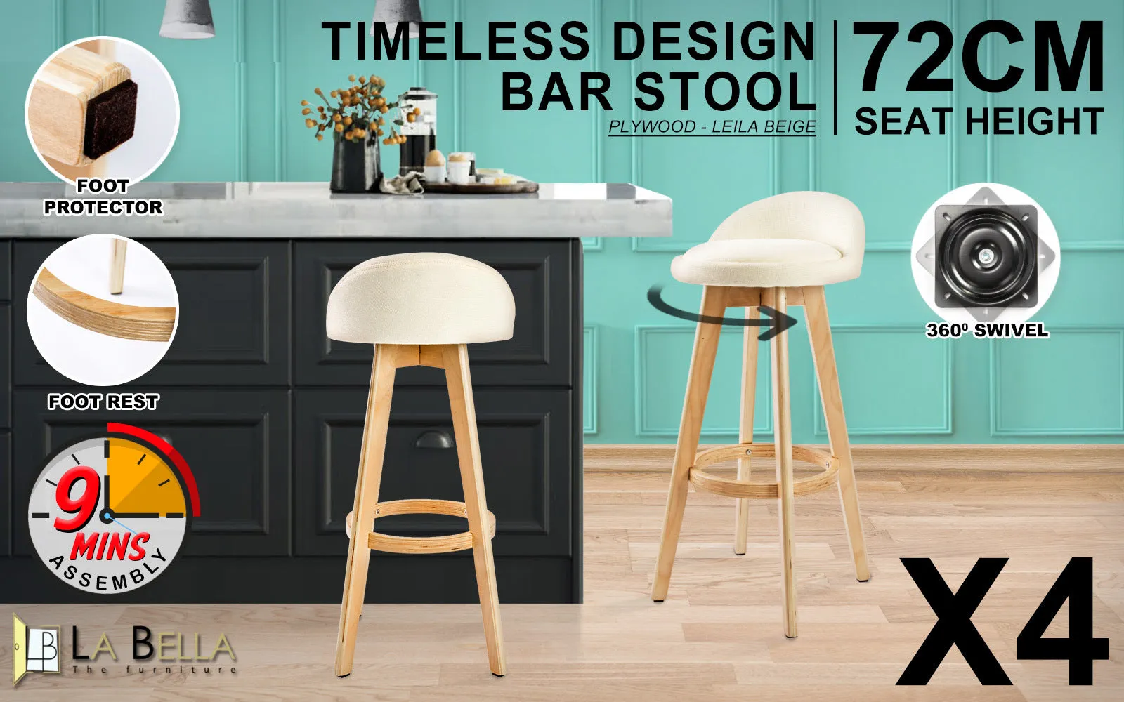 4X Beige Fabric Padded Swivel Bar Stools - La Bella Leila