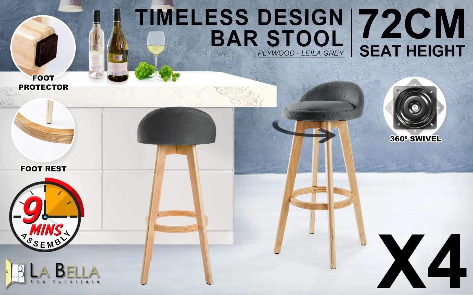 4X Grey Upholstered Swivel Wooden Bar Stools, La Bella