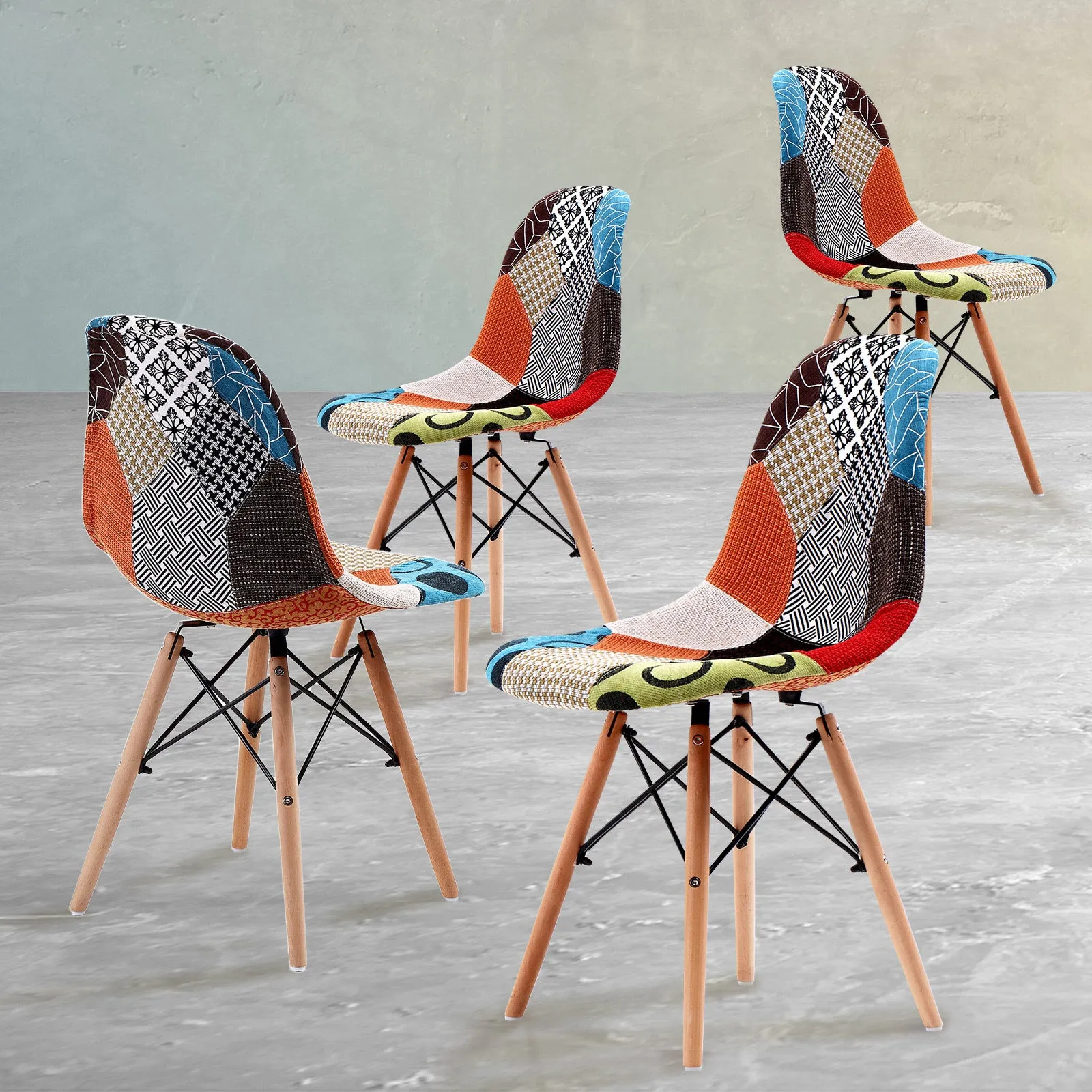 4X Multi-Colour Fabric Retro Dining Chairs Beechwood Legs La Bella