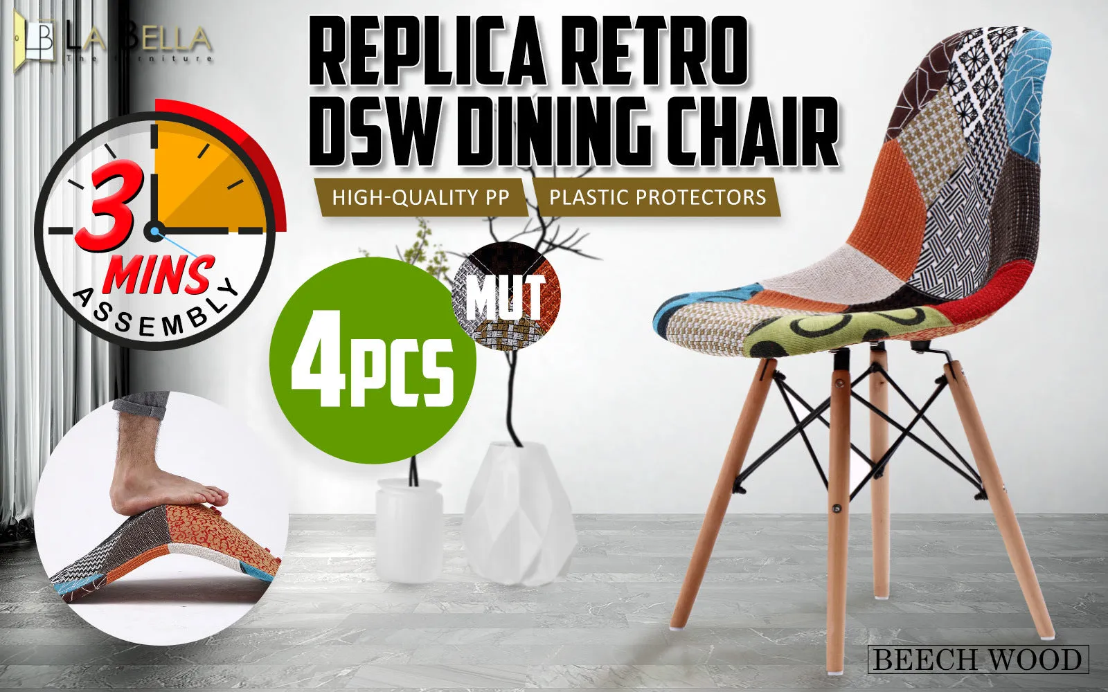 4X Multi-Colour Fabric Retro Dining Chairs Beechwood Legs La Bella