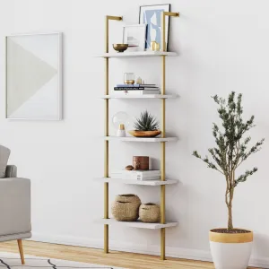 5-Shelf Ladder Bookshelf White Gold