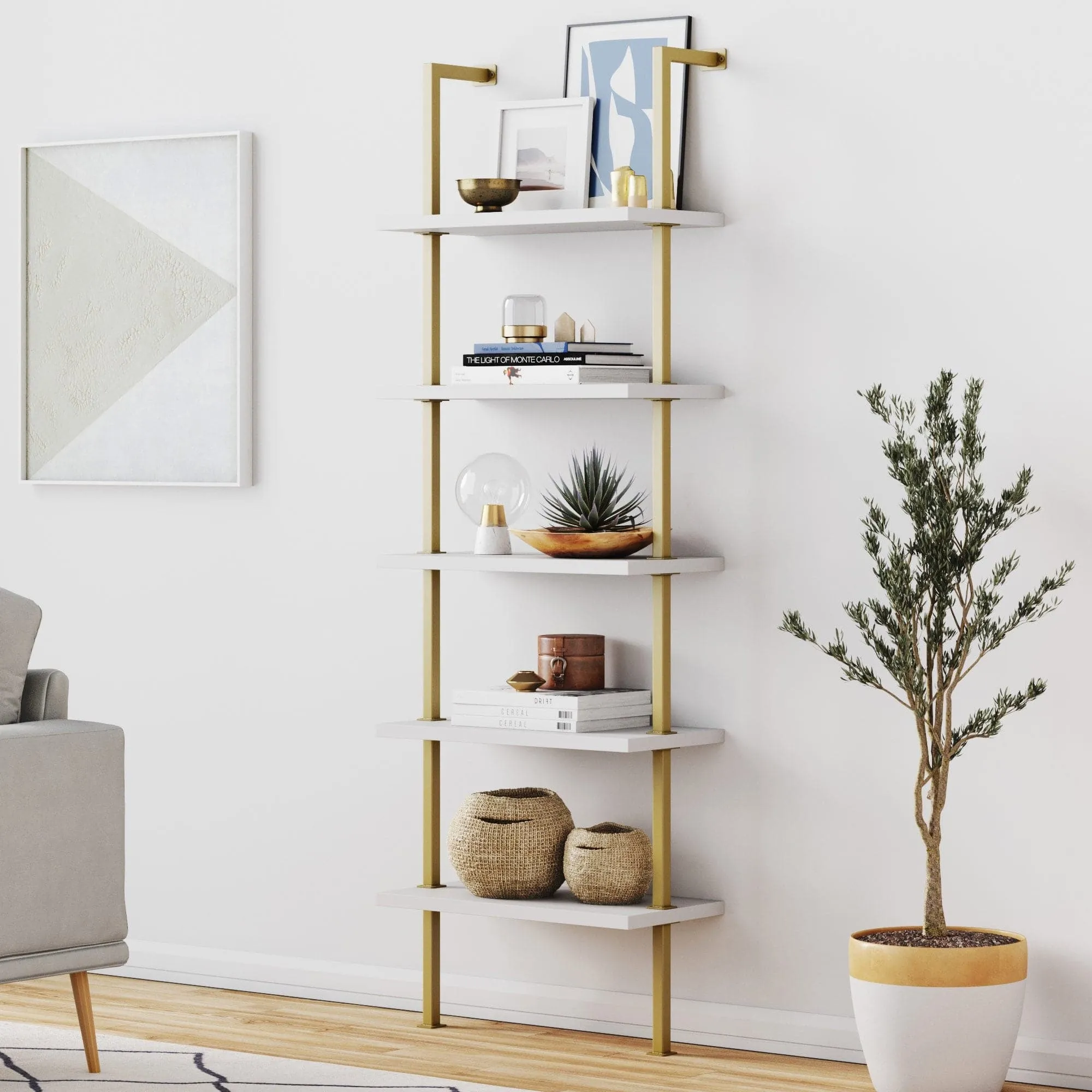 5-Shelf Ladder Bookshelf White Gold