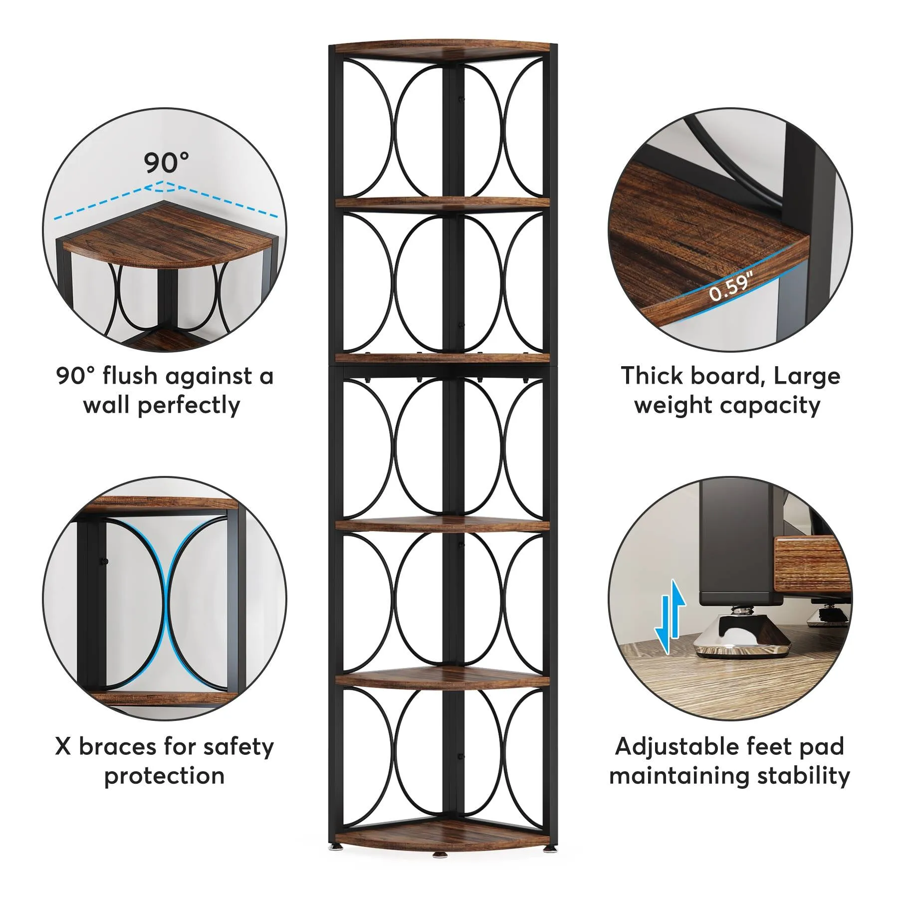 6-Tier Corner Shelf, 67" Corner Bookshelf Shelving Unit