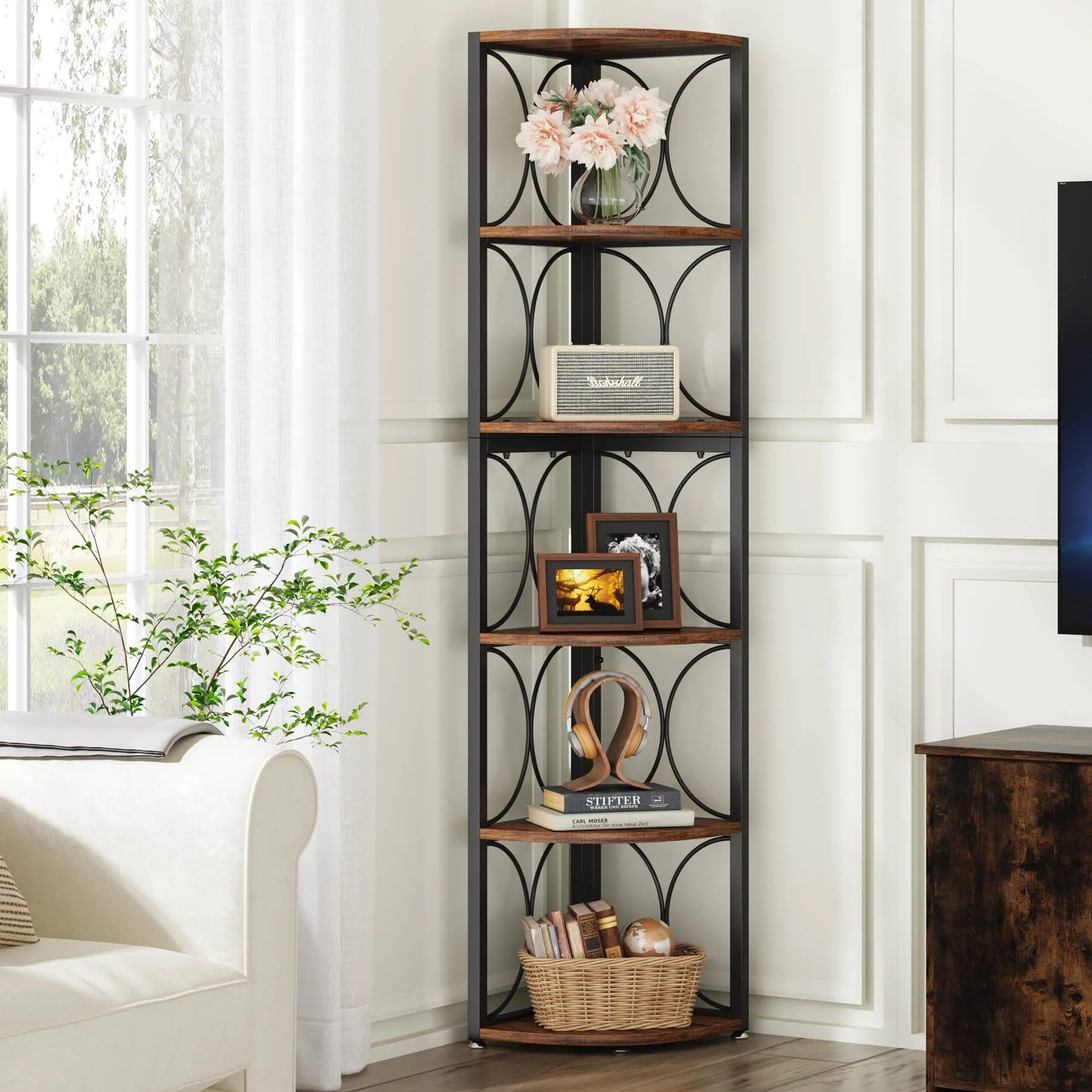 6-Tier Corner Shelf, 67" Corner Bookshelf Shelving Unit