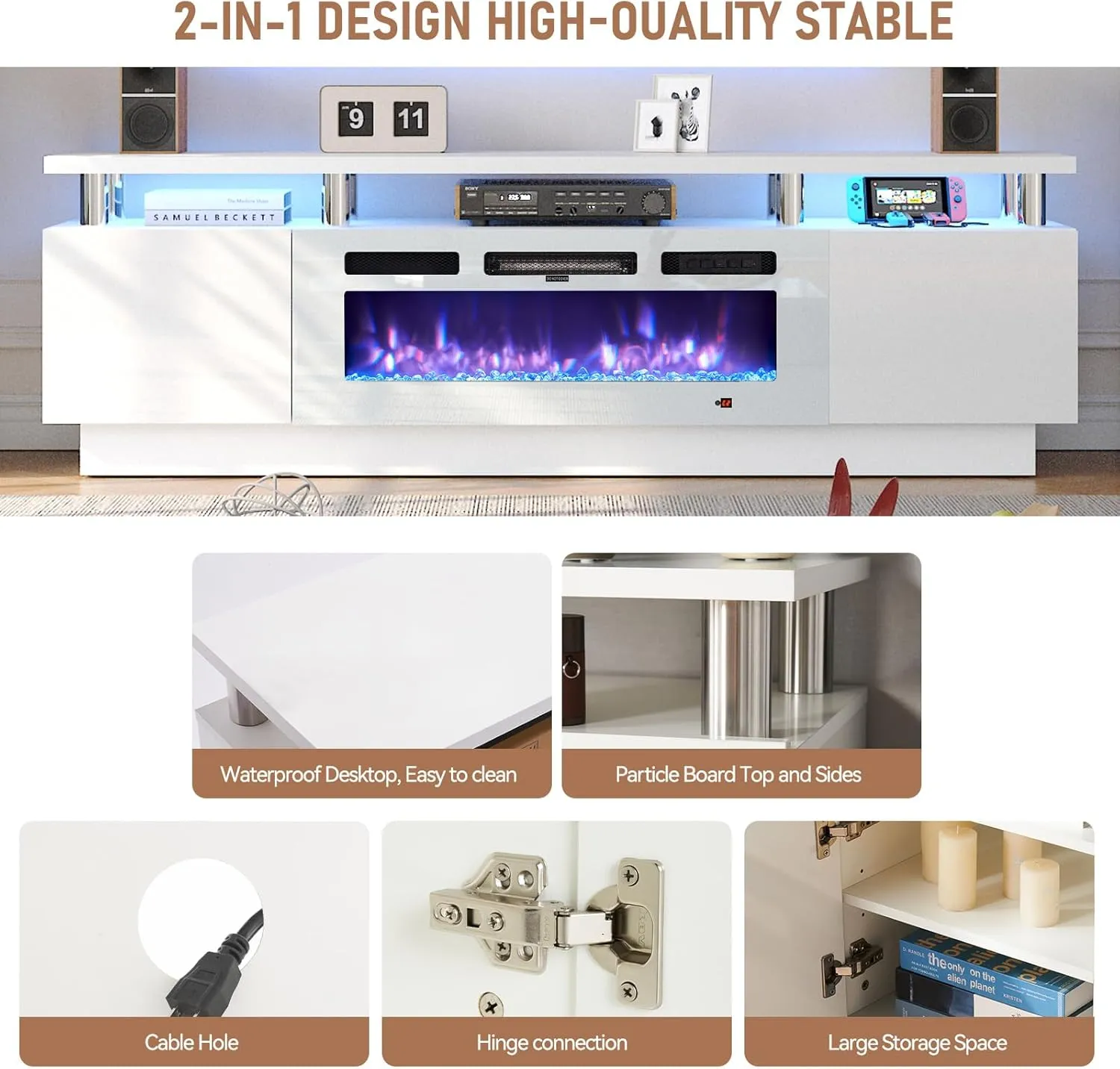 70" 2 Tiers Luxury Modern High Gloss Fireplace TV Stand with Bookshelves