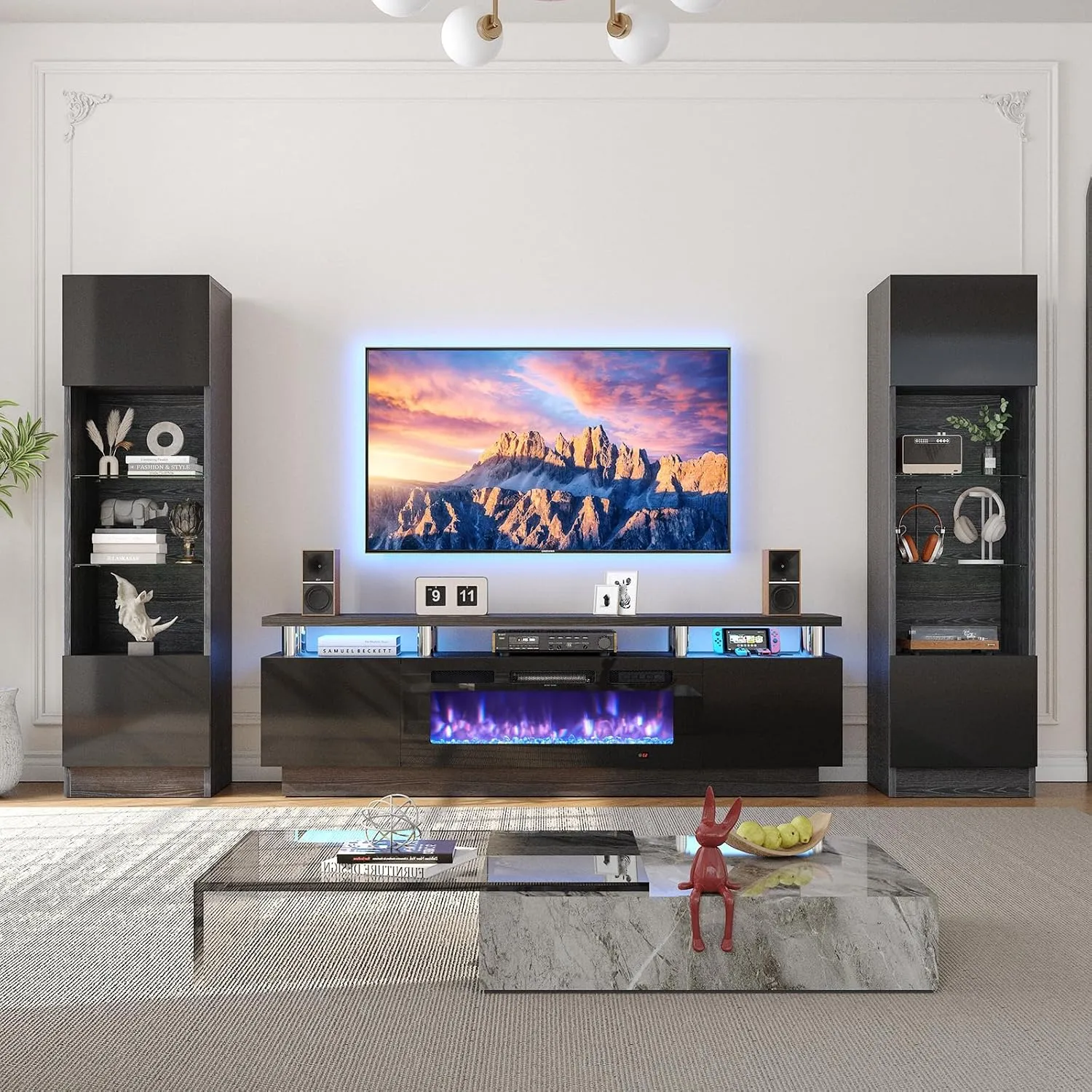 70" 2 Tiers Luxury Modern High Gloss Fireplace TV Stand with Bookshelves