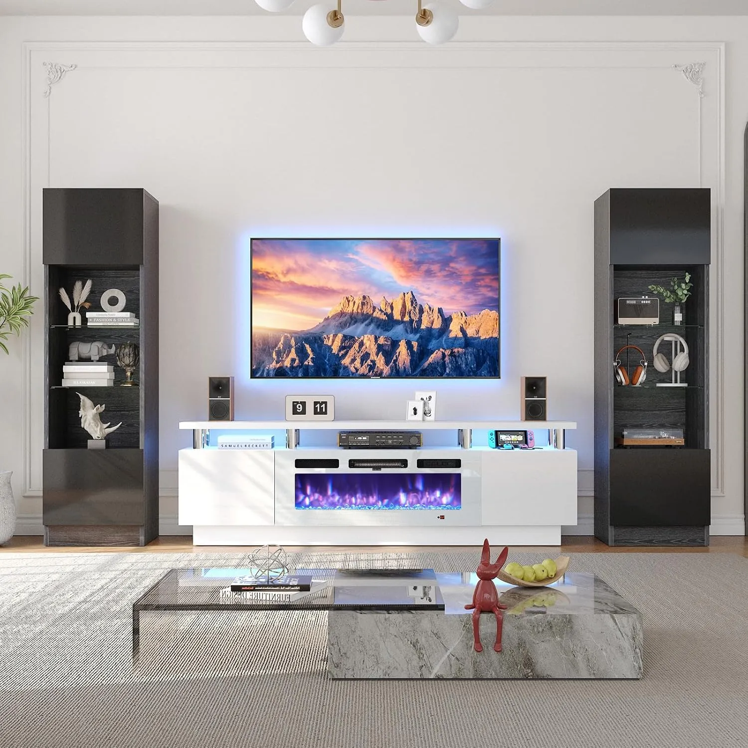 70" 2 Tiers Luxury Modern High Gloss Fireplace TV Stand with Bookshelves