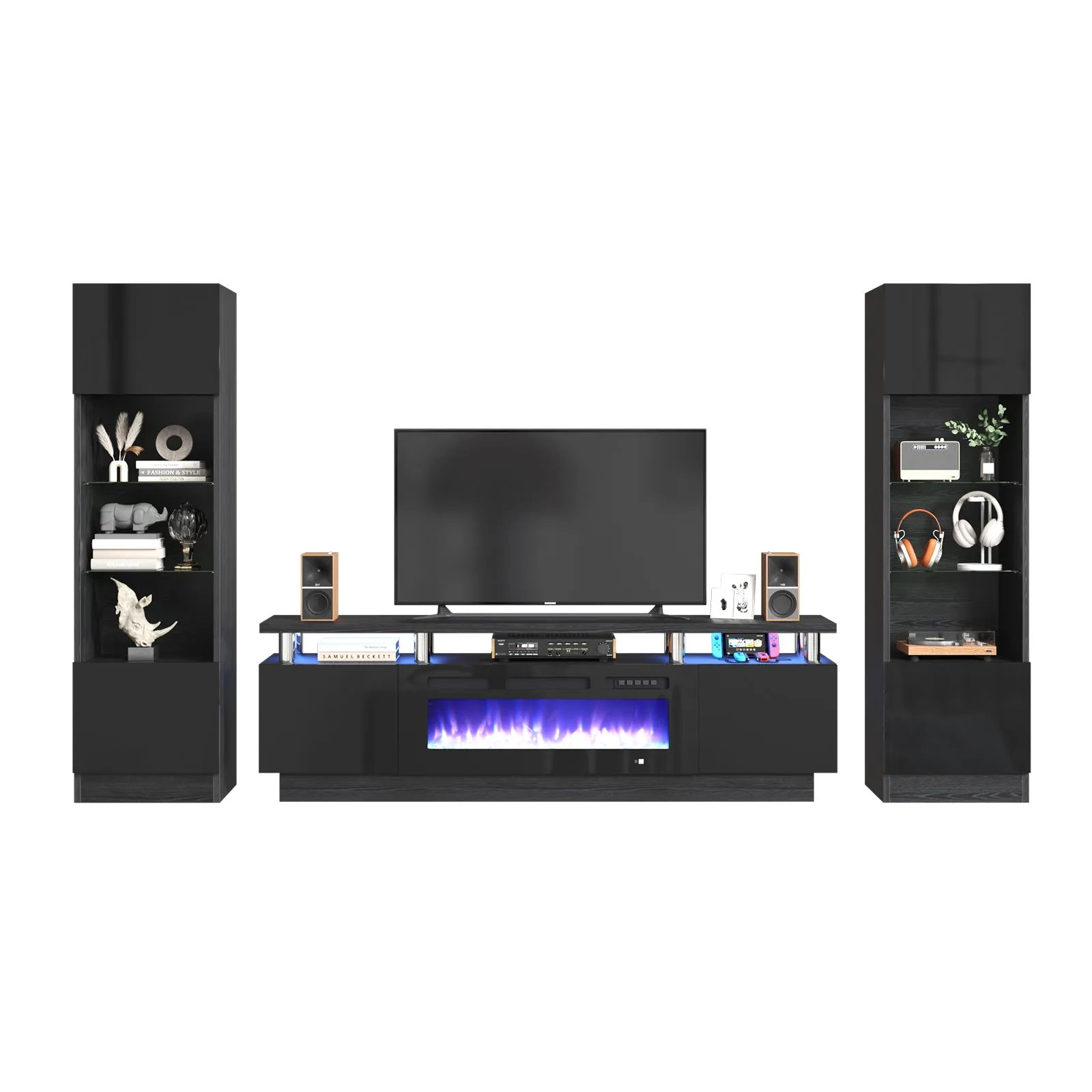 70" 2 Tiers Luxury Modern High Gloss Fireplace TV Stand with Bookshelves