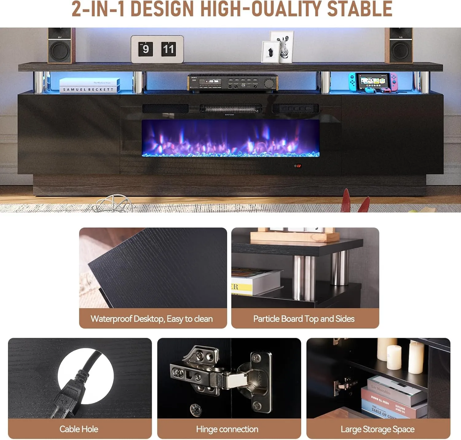 70" 2 Tiers Luxury Modern High Gloss Fireplace TV Stand with Bookshelves