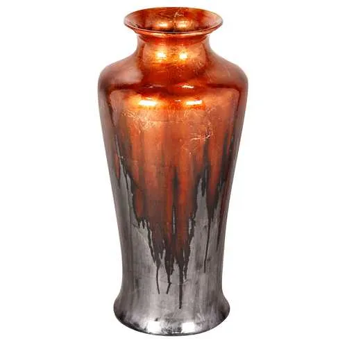 7" X 7" X 24.5" Copper And Pewter Ceramic Foiled and Lacquered Ceramic Floor Vase