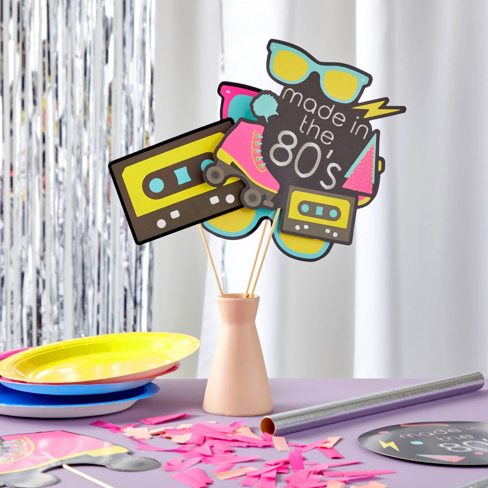 80s Party Decorations Centerpieces, Colorful Stick Table Toppers, 6 Retro Designs (30 Pieces)