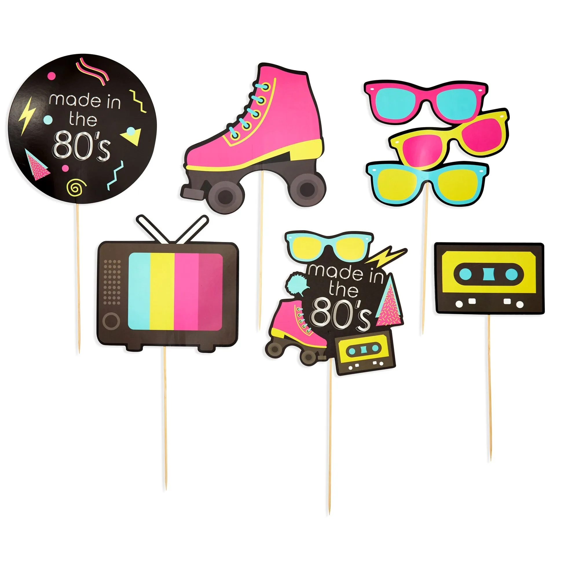 80s Party Decorations Centerpieces, Colorful Stick Table Toppers, 6 Retro Designs (30 Pieces)