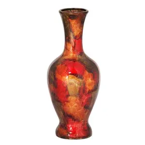 8.25" X 8.25" X 20" Copper Red And Gold Ceramic Foiled and Lacquered Ceramic Vase