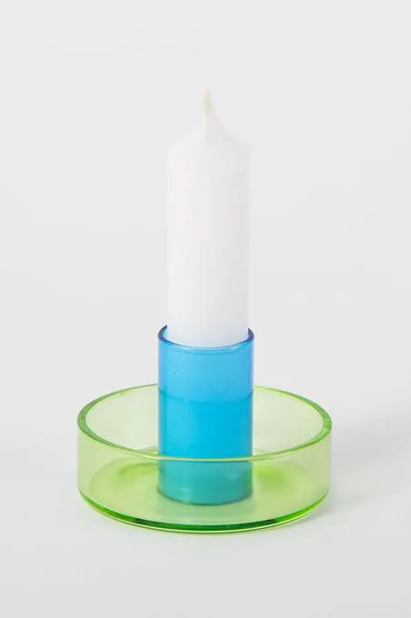 Block Design Duo Tone Glass Candlestick Green/Blue