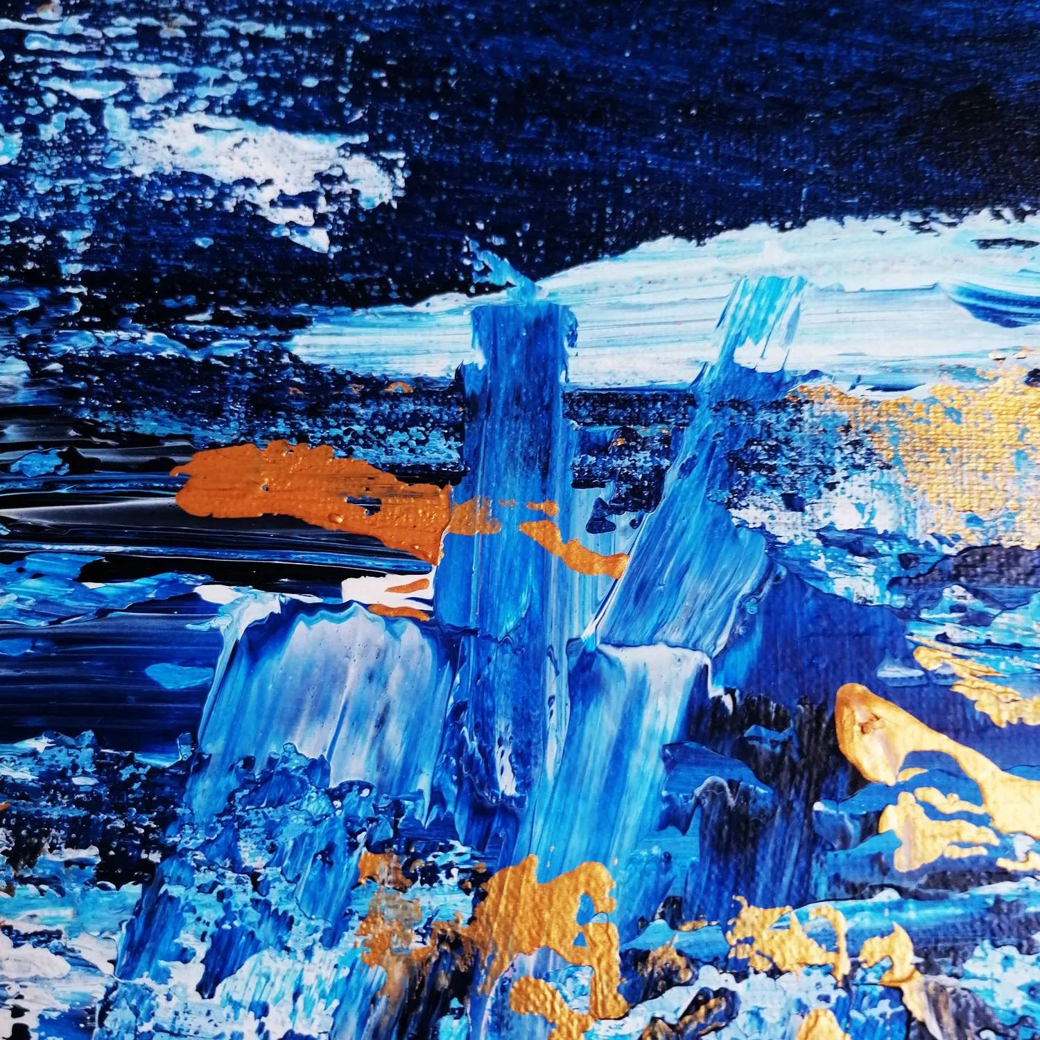 Blue, gold & white abstract painting 36  x 24 inches - ready to ship