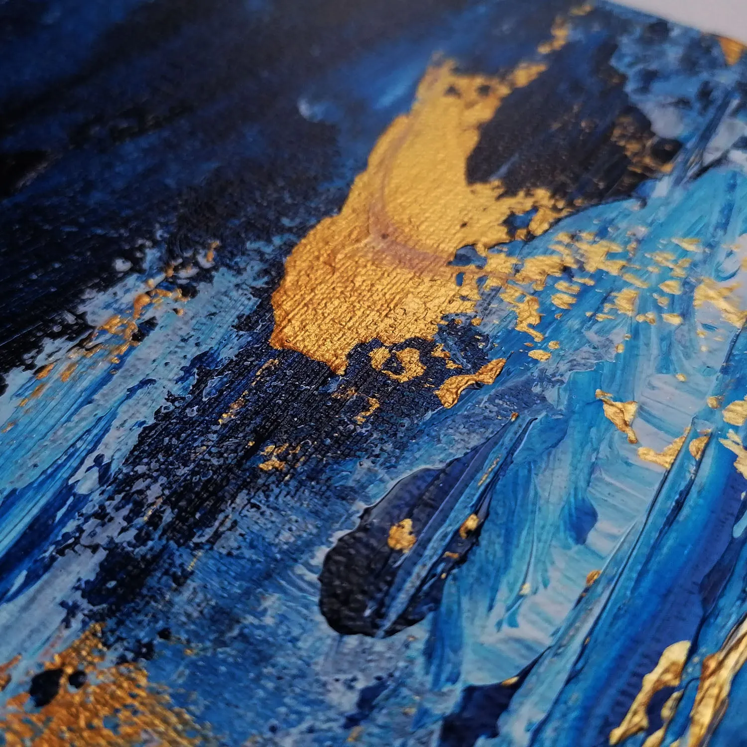 Blue, gold & white abstract painting 36  x 24 inches - ready to ship