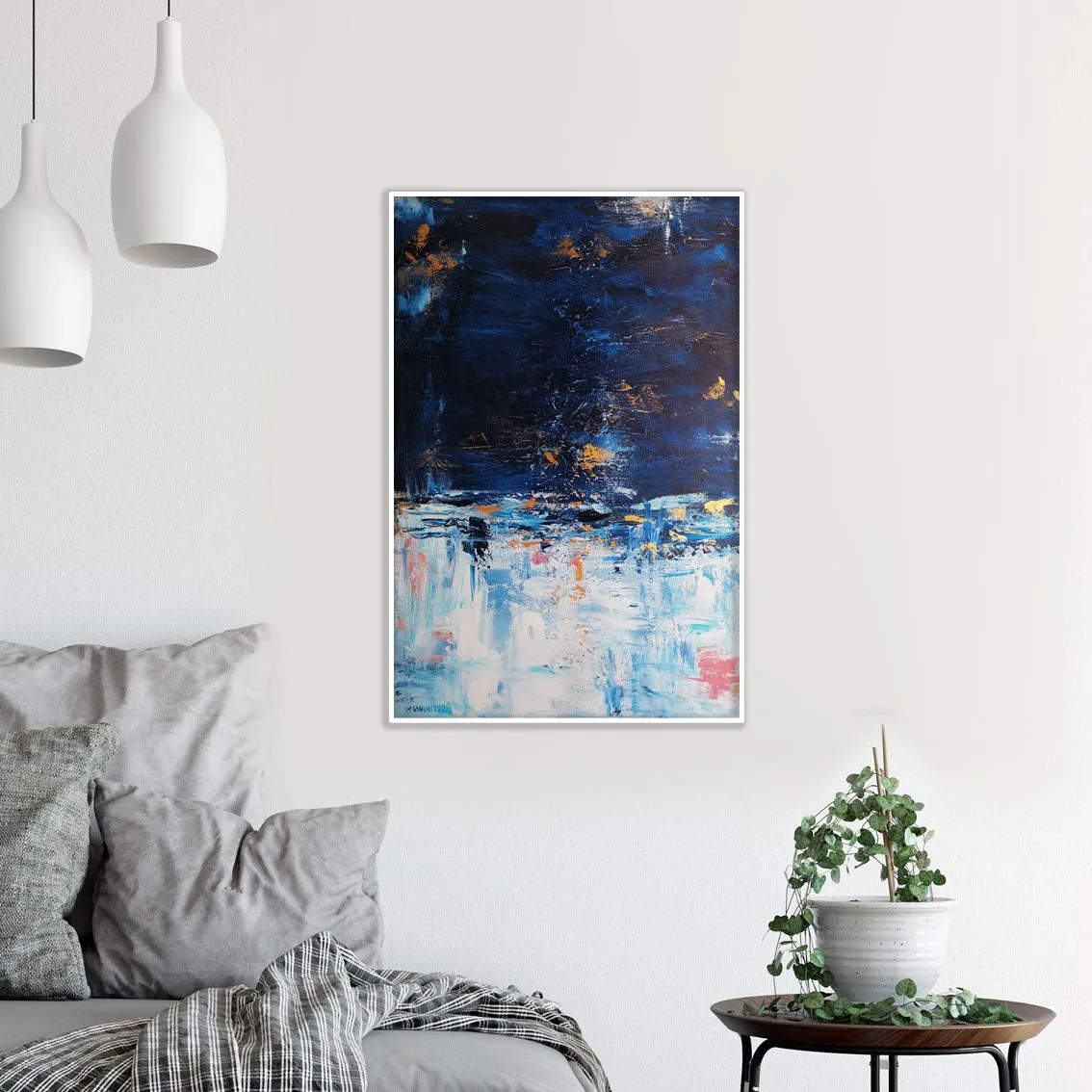 Blue, gold & white abstract painting 36  x 24 inches - ready to ship