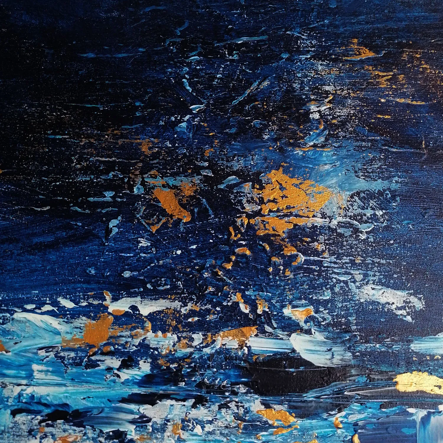 Blue, gold & white abstract painting 36  x 24 inches - ready to ship