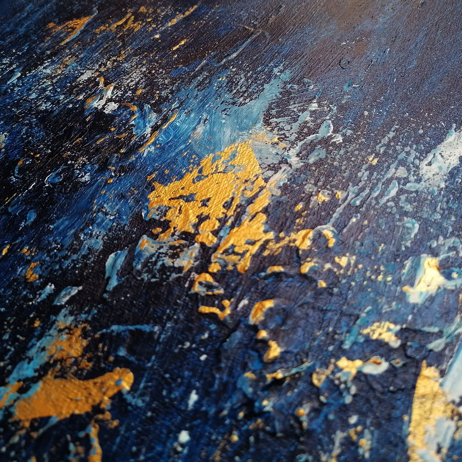 Blue, gold & white abstract painting 36  x 24 inches - ready to ship