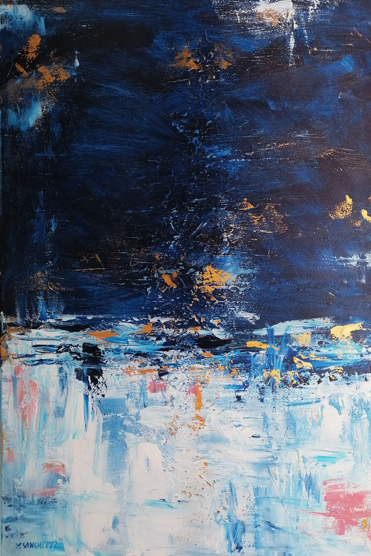 Blue, gold & white abstract painting 36  x 24 inches - ready to ship