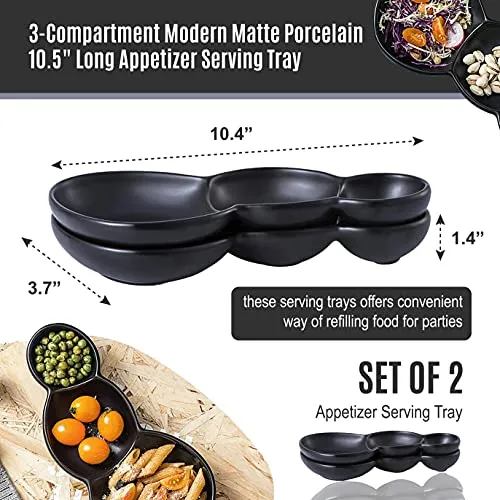 Bruntmor 3 Compartment Matte Porcelain Triplet Bowl Set Set of 2 Black