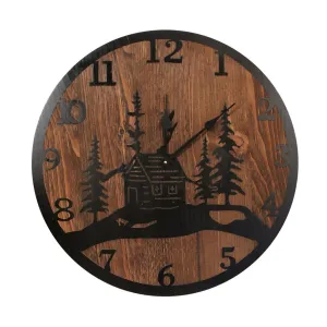 Cabin Etched Wood Round Wall Clock - 24”