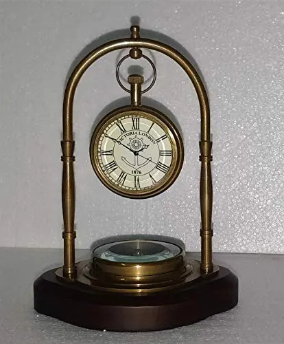 Castle Instruments Beautiful Antique Style Brass Table Clock with Magnetic Compass with Wooden Base