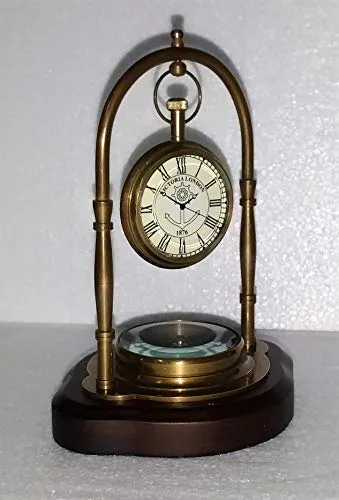 Castle Instruments Beautiful Antique Style Brass Table Clock with Magnetic Compass with Wooden Base