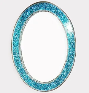 Cheval Glass Beveled Blue Pearl Engraved Designer Oval Wall Mirror with Decorative Frame - (24 X 24 Inches, Blue)