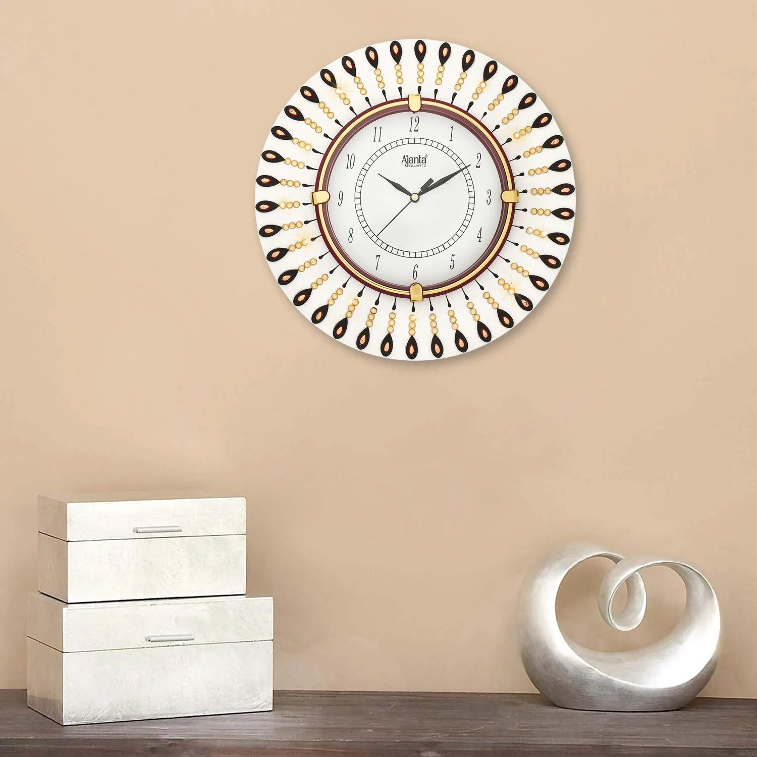 CIRCADIAN Ajanta MDF Wood Round Wall Clock Designer Stylish Wall Clock For Home Living Room Office Bedroom 12X12 IN White Color