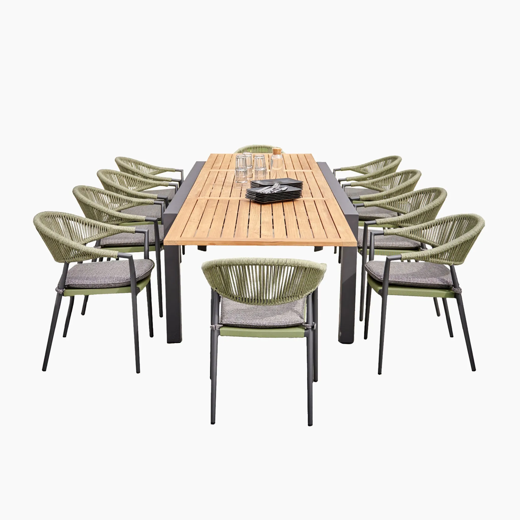 Cloverly 8 Seat Rectangular Extending Dining Set with Teak Table in Olive Green