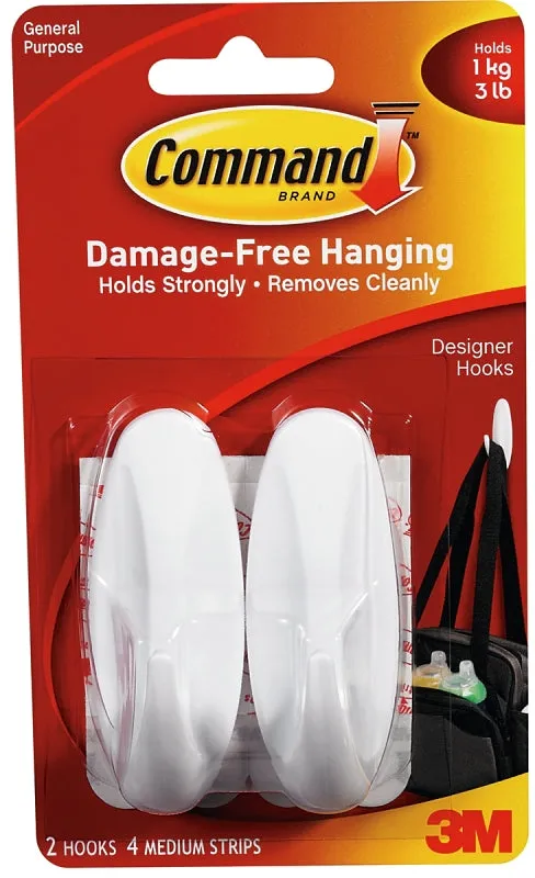 Command 17081 Designer Hook, 5/8 in Opening, 3 lb, 2-Hook, Plastic, White, 2/PK :CD 2: QUANTITY: 6