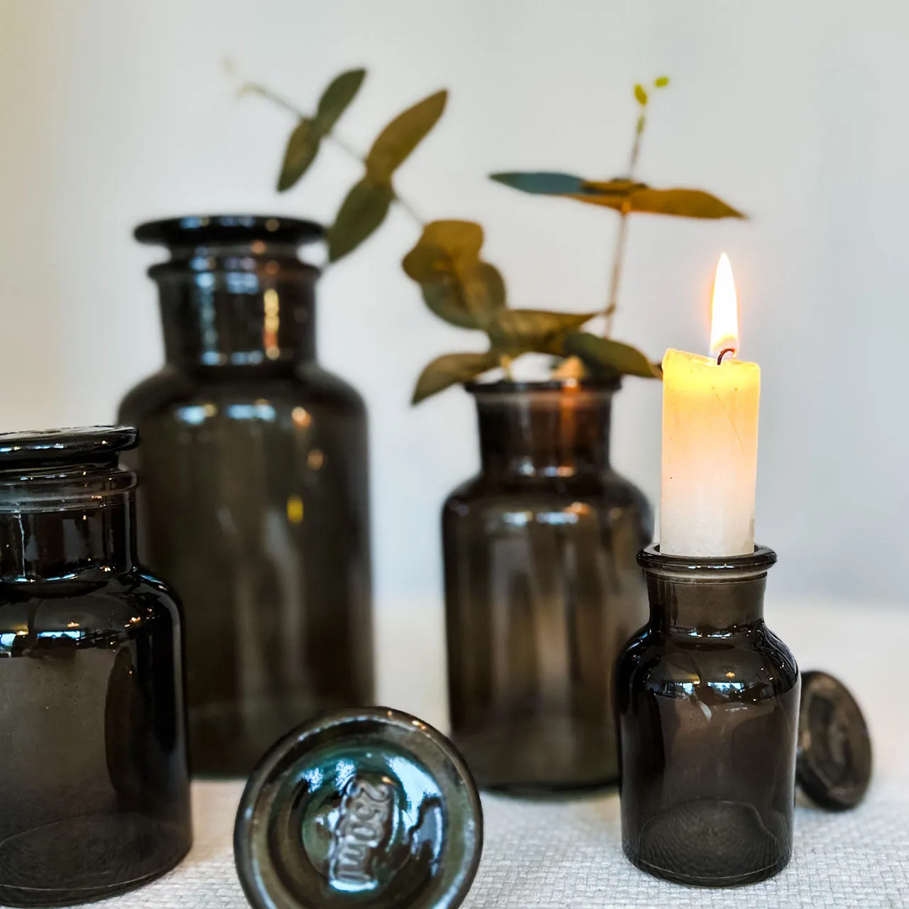 Dark Grey Glass Apothecary Bottle Vases with Lids - Wedding Vases