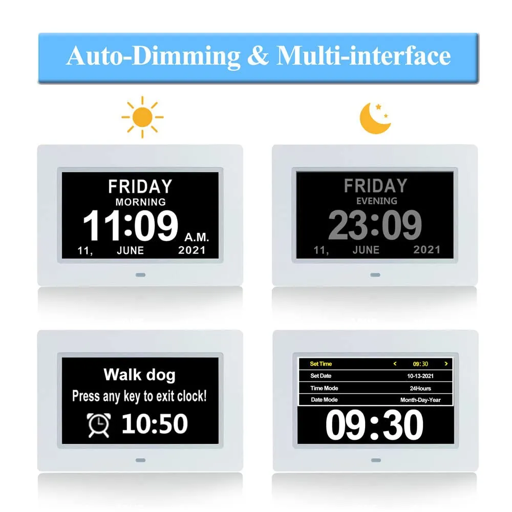 Extra Large Day Date Time Dementia Clocks Digital Day Calendar Clock for Senior Elderly Memory Loss Vision Impaired Alzheimer's with12 Alarm Reminders Auto-Dimming AM/PM 12/24H (7 Inch White)