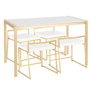 Fuji 5-Piece Contemporary/Glam Dining Set in Gold Metal, White Marble and White Faux Leather by LumiSource