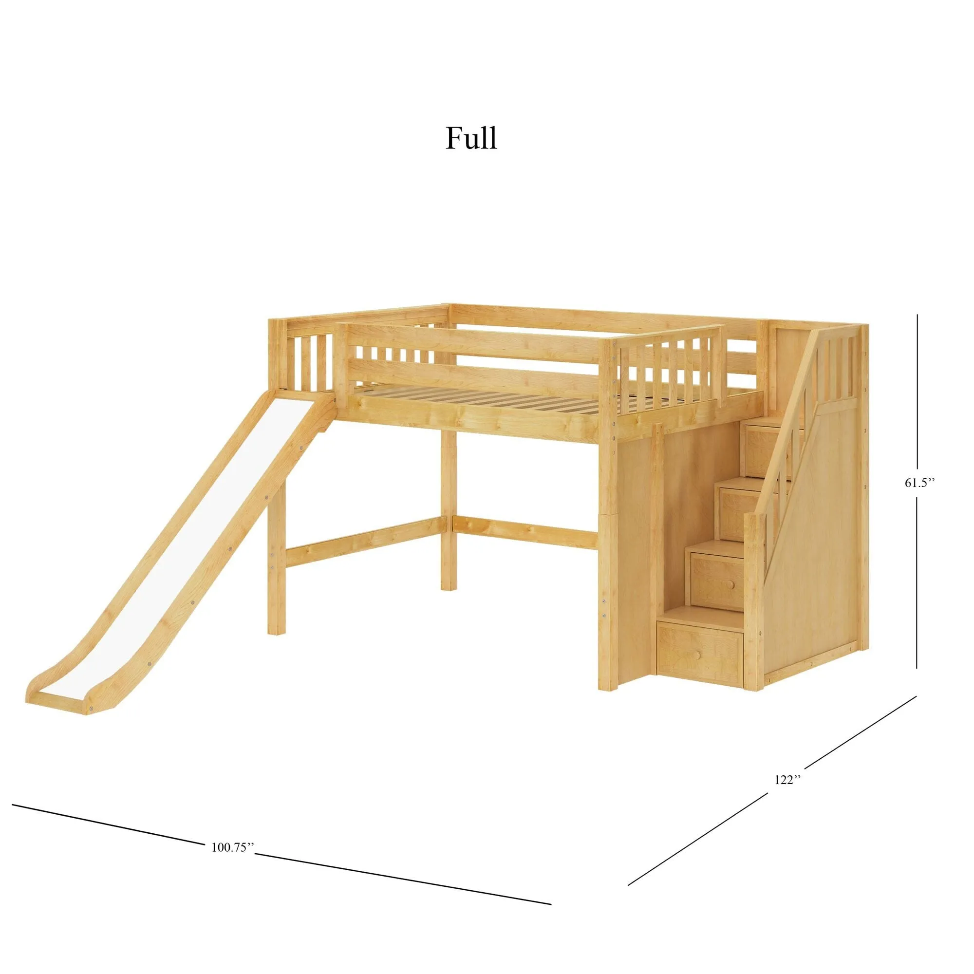 Full Mid Loft Bed with Stairs and Slide