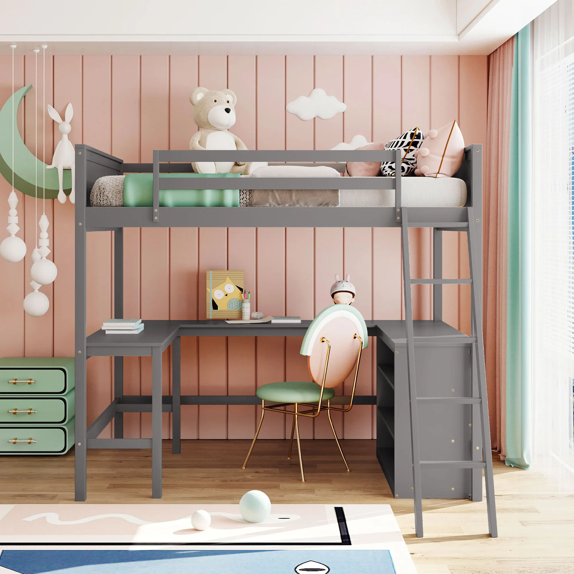 Full size Loft Bed with Shelves and Desk, Wooden Loft Bed with Desk - Gray