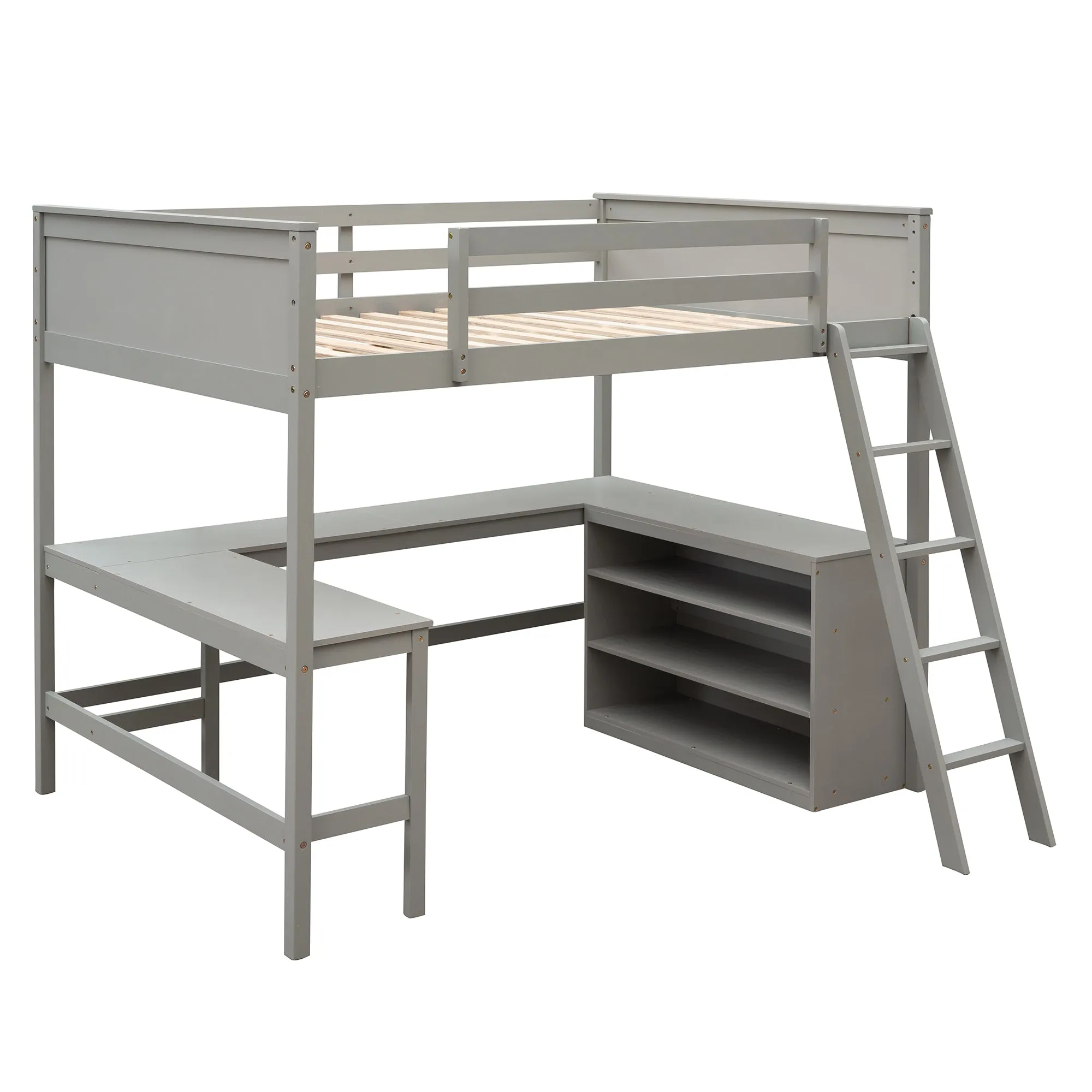 Full size Loft Bed with Shelves and Desk, Wooden Loft Bed with Desk - Gray