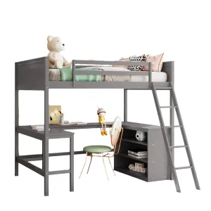 Full size Loft Bed with Shelves and Desk, Wooden Loft Bed with Desk - Gray