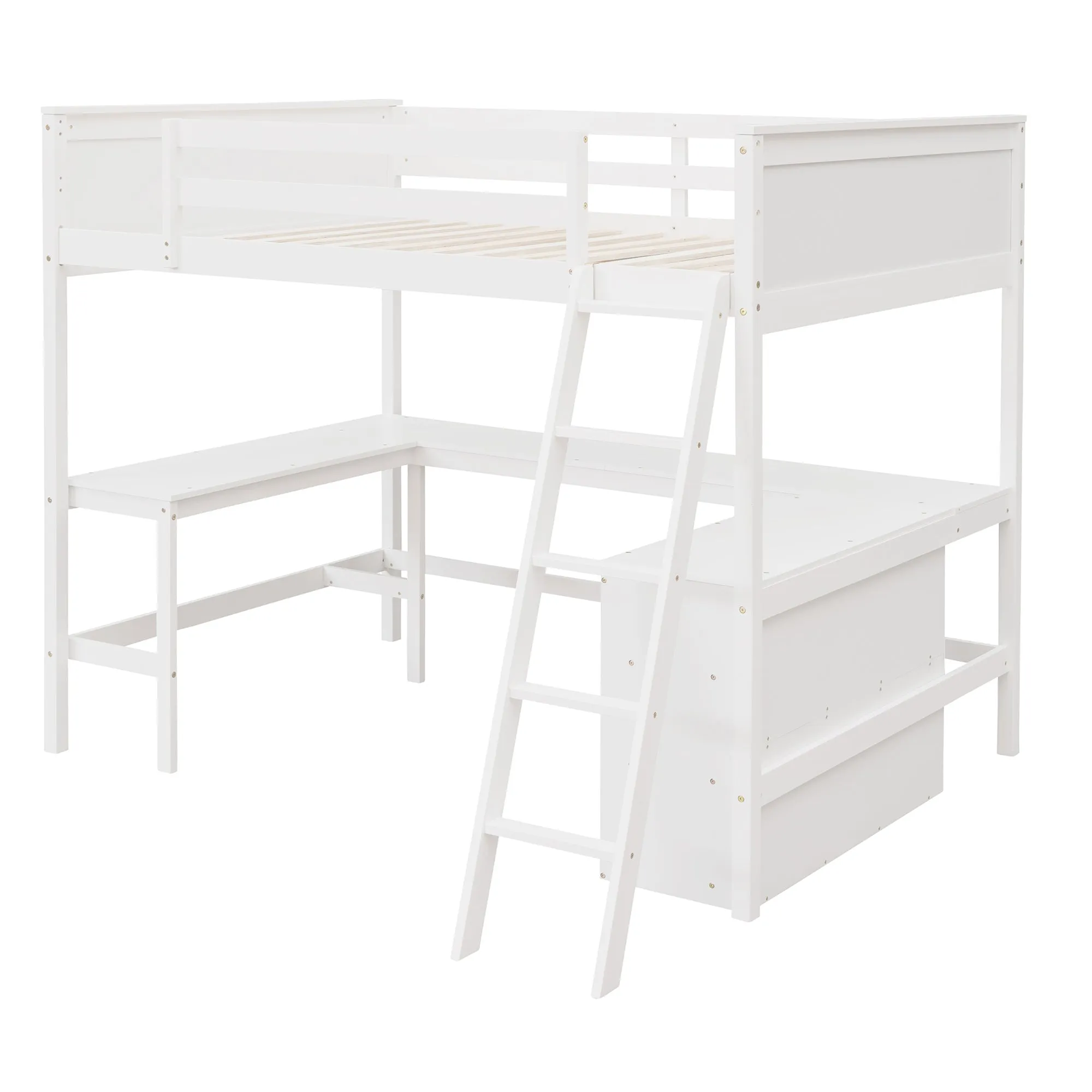 Full size Loft Bed with Shelves and Desk, Wooden Loft Bed with Desk - White