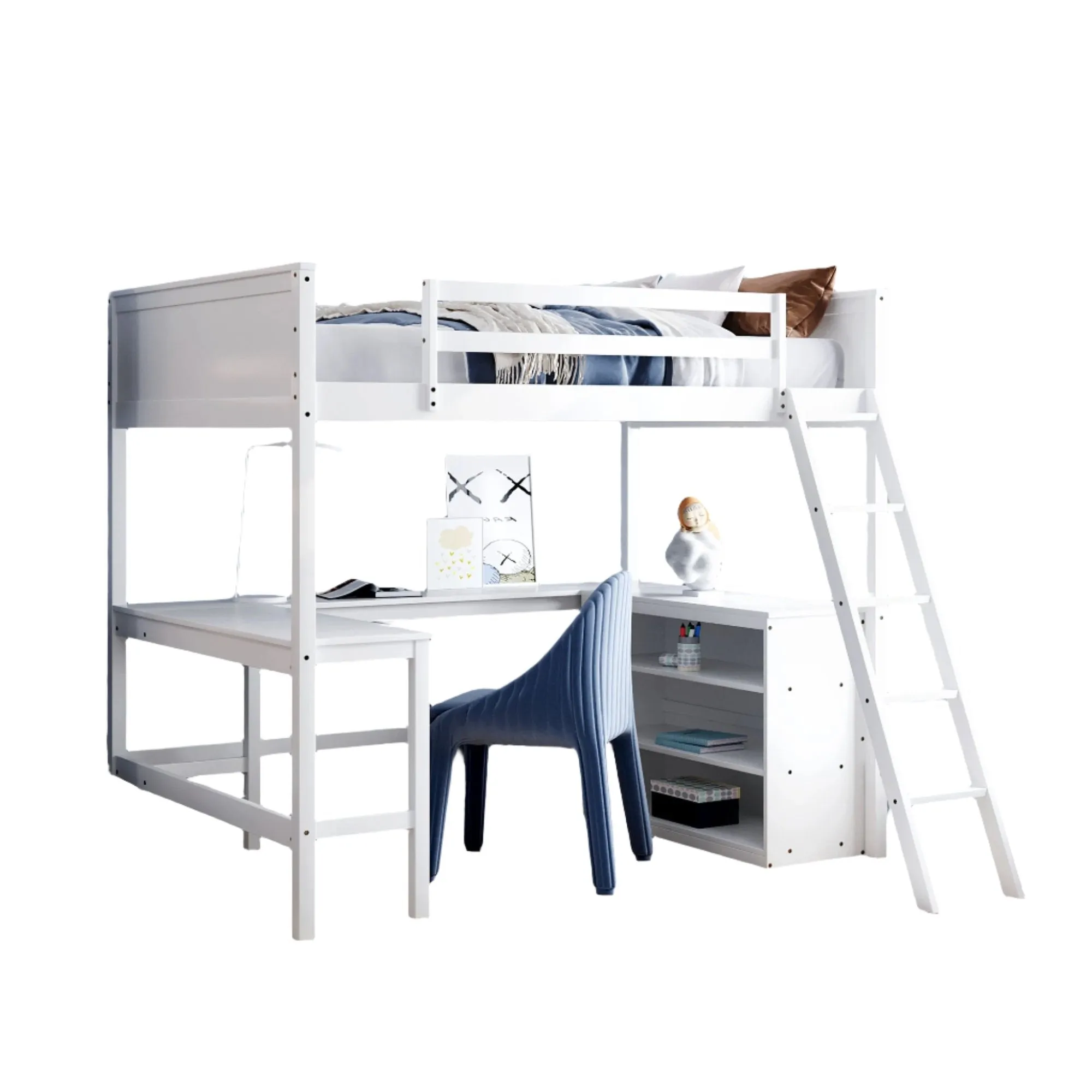 Full size Loft Bed with Shelves and Desk, Wooden Loft Bed with Desk - White