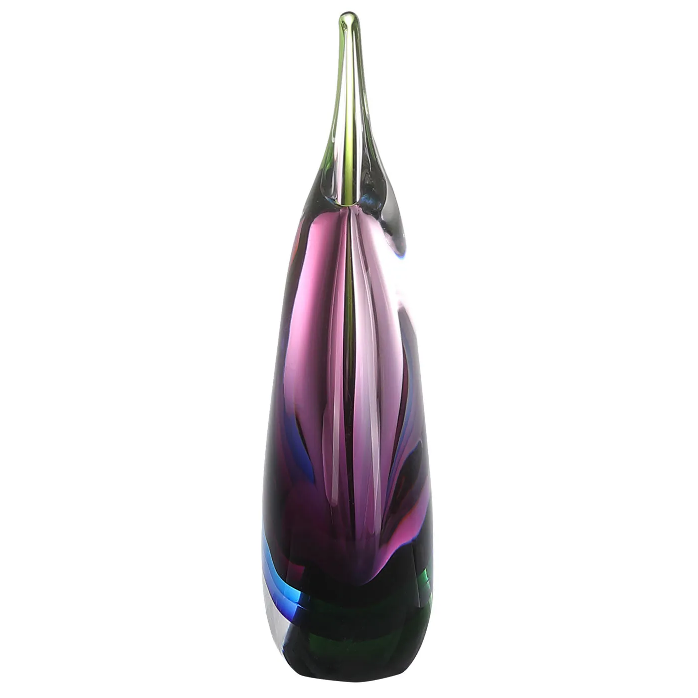 Hand Blown Multicolor Sommerso Teardrop Art Glass Vase with Angled Lip 9.5 inch tall